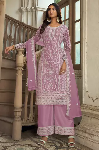 Lavender embroidery sequins work net straight palazzo suit- free size stitched(size upto 42")