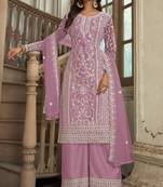 Lavender embroidery sequins work net straight palazzo suit- free size stitched(size upto 42")