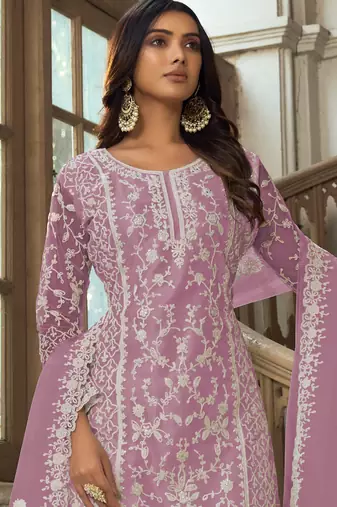 Lavender embroidery sequins work net straight palazzo suit- free size stitched(size upto 42")
