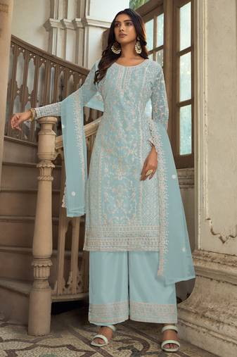 Blue embroidery sequins work net straight palazzo suit- free size stitched(size upto 42")