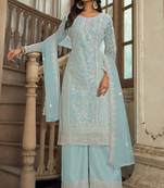 Blue embroidery sequins work net straight palazzo suit- free size stitched(size upto 42")