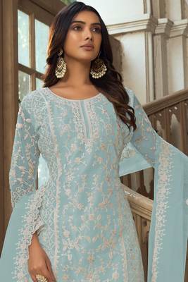 Blue embroidery sequins work net straight palazzo suit- free size stitched(size upto 42") 2