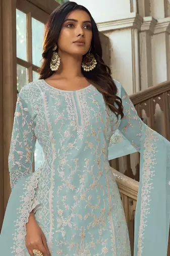 Blue embroidery sequins work net straight palazzo suit- free size stitched(size upto 42")