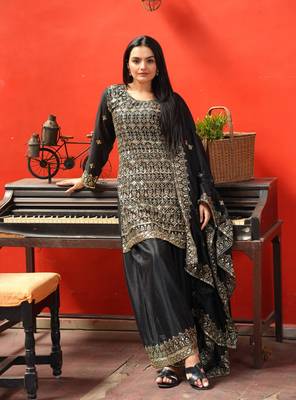 BLACK CHINON PARTY WEAR EMBROIDERY SUIT SET  3