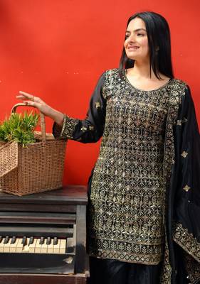 BLACK CHINON PARTY WEAR EMBROIDERY SUIT SET  4