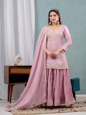 PINK CHINON PARTY WEAR EMBROIDERY  SUIT SET 1