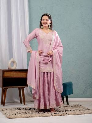 PINK CHINON PARTY WEAR EMBROIDERY  SUIT SET 2