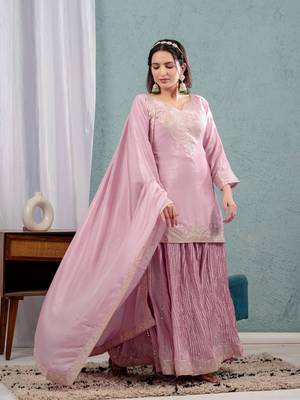 PINK CHINON PARTY WEAR EMBROIDERY  SUIT SET 3