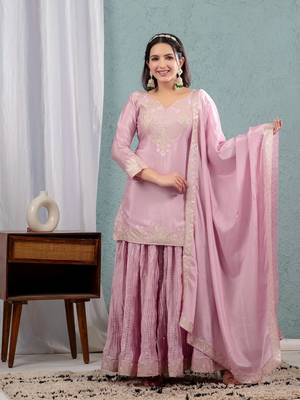 PINK CHINON PARTY WEAR EMBROIDERY  SUIT SET 4
