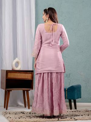 PINK CHINON PARTY WEAR EMBROIDERY  SUIT SET 5