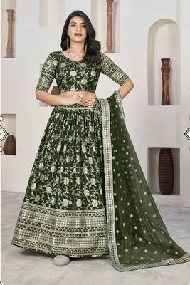 Green Embroidery,Zari Sequins Work Jacquard Lehenga With Blouse- Semi Stitched 1