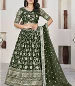 Green Embroidery,Zari Sequins Work Jacquard Lehenga With Blouse- Semi Stitched