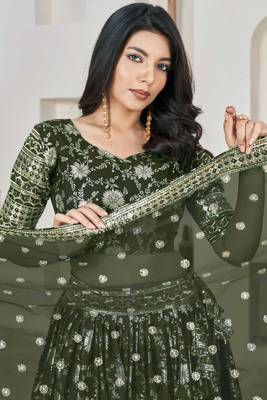 Green Embroidery,Zari Sequins Work Jacquard Lehenga With Blouse- Semi Stitched 2