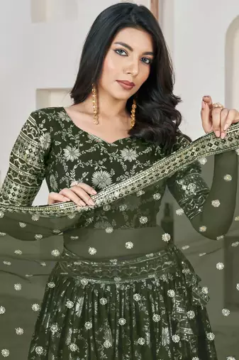Green Embroidery,Zari Sequins Work Jacquard Lehenga With Blouse- Semi Stitched