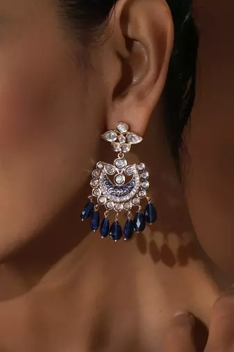 Blue polki chandbali earrings