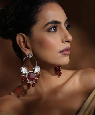 Red silver polki chandbali earrings 1