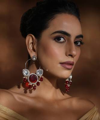 Red silver polki chandbali earrings 2