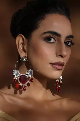Red silver polki chandbali earrings