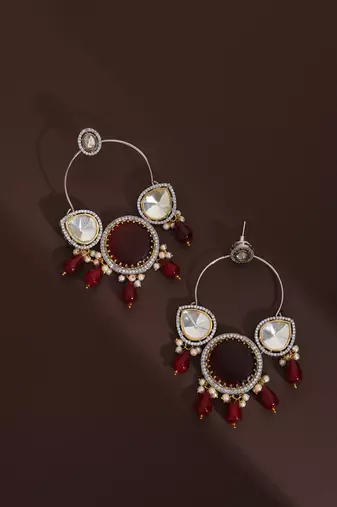 Red silver polki chandbali earrings