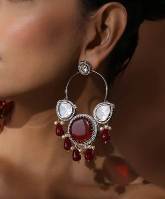 Red silver polki chandbali earrings 4