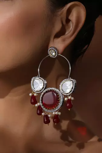 Red silver polki chandbali earrings