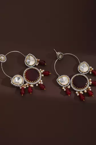 Red silver polki chandbali earrings