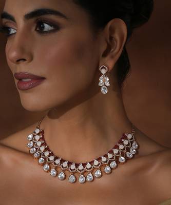 Red rose gold polki necklace set 4