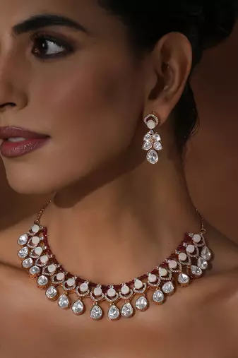 Red rose gold polki necklace set