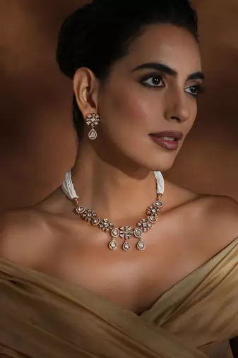 White rose gold polki necklace set