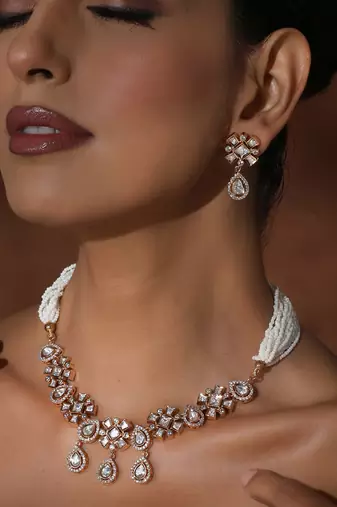 White rose gold polki necklace set