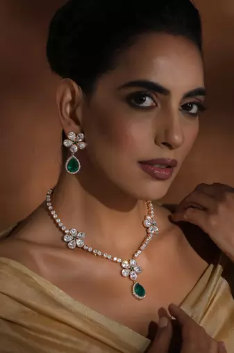 Green rose gold polki necklace set