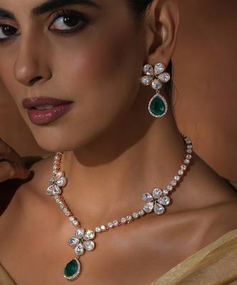 Green rose gold polki necklace set 4