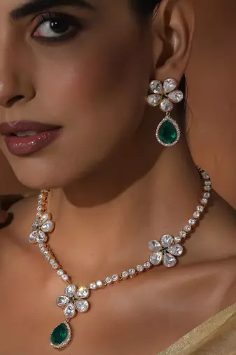 Green rose gold polki necklace set