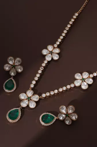 Green rose gold polki necklace set