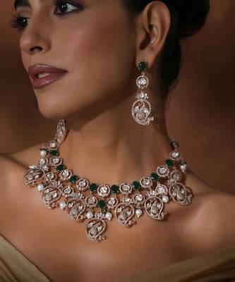 Green rose gold polki necklace set 3