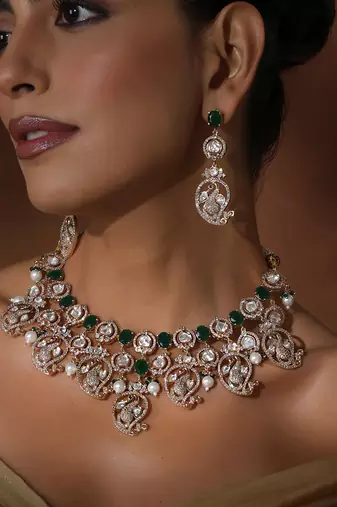 Green rose gold polki necklace set