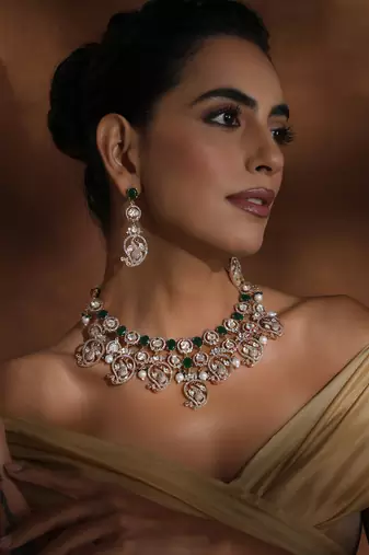 Green rose gold polki necklace set