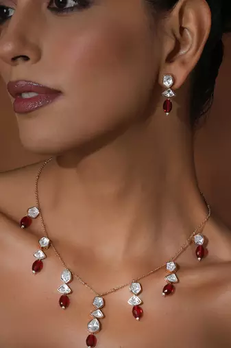 Red rose gold polki necklace set