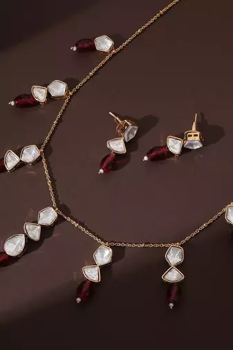 Red rose gold polki necklace set