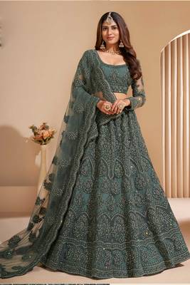 Green Embroidery,Thread Stone Work Net Lehenga With Blouse- Semi Stitched 1