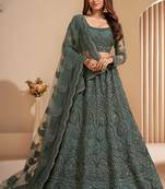 Green Embroidery,Thread Stone Work Net Lehenga With Blouse- Semi Stitched
