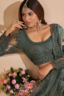 Green Embroidery,Thread Stone Work Net Lehenga With Blouse- Semi Stitched 2