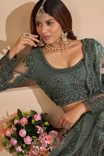 Green Embroidery,Thread Stone Work Net Lehenga With Blouse- Semi Stitched