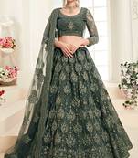 Pastel Mehndi Green Embroidery Stone Work Net Lehenga With Blouse- Semi Stitched