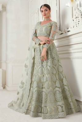 Mint Green Embroidery Stone Work Net Lehenga With Blouse- Semi Stitched 1