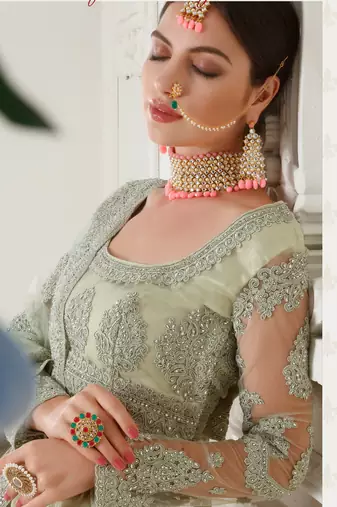 Mint Green Embroidery Stone Work Net Lehenga With Blouse- Semi Stitched