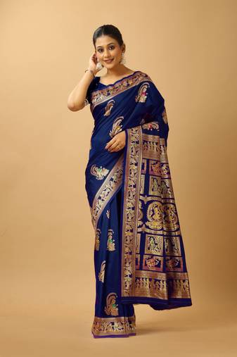 Navy blue woven design silk baluchari saree with blouse