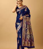 Navy blue woven design silk baluchari saree with blouse