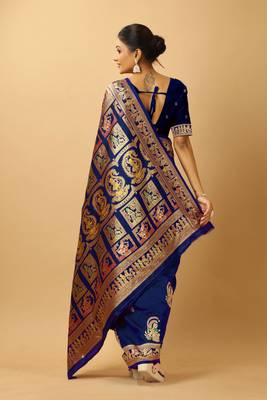 Navy blue woven design silk blend saree with blouse 2