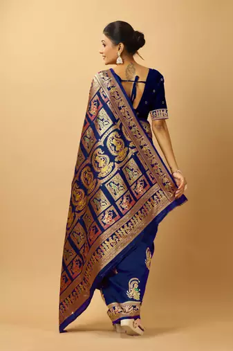 Navy blue woven design silk blend saree with blouse